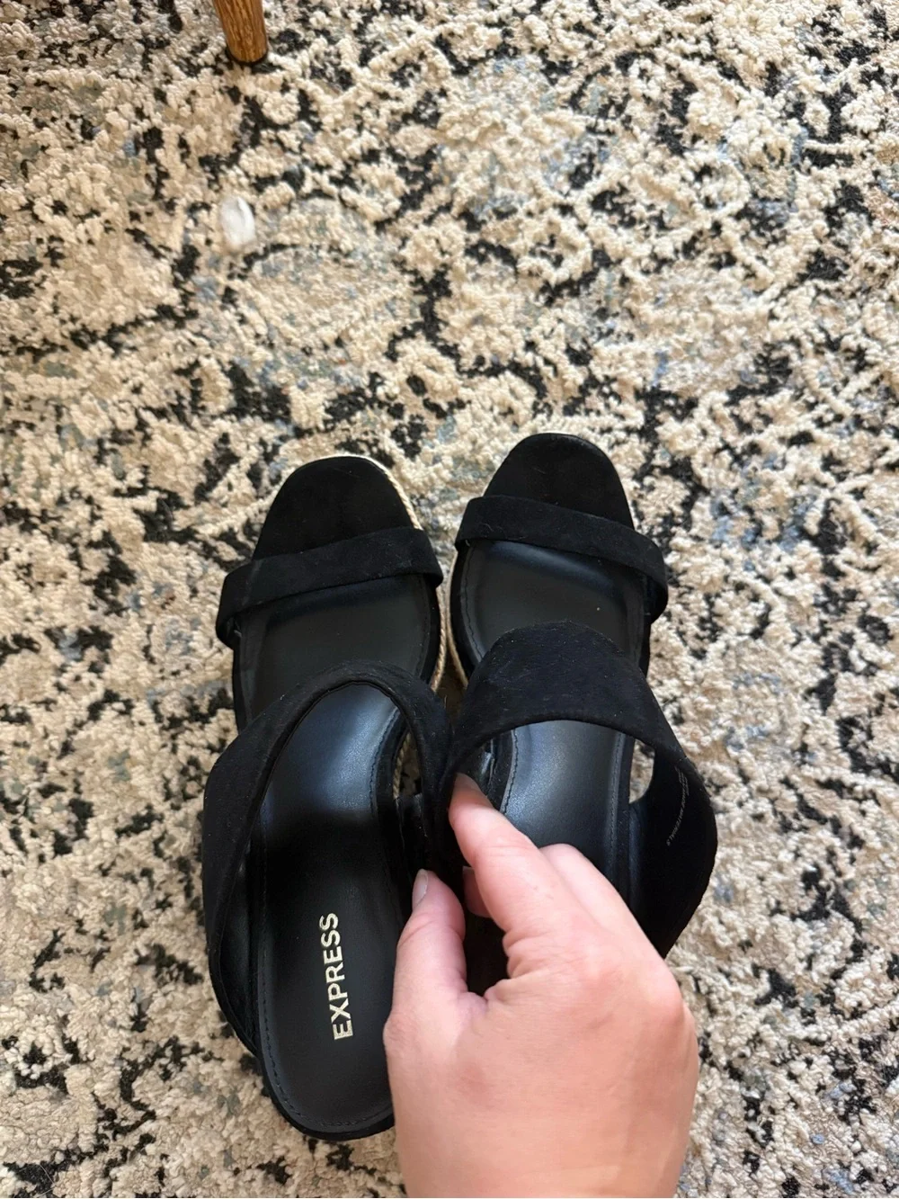 Express Black Suede Double Strap Wedges